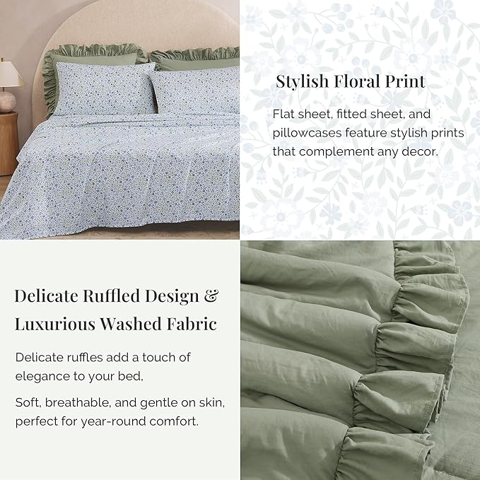 Oversized King Comforter Set - 7 Pieces Ruffle Sage Leaf Bedding Sets, Shabby Chic Farmhouse Bed in a Bag with Ruffle Comforter, Floral Sheets, Pillowcases & Shams