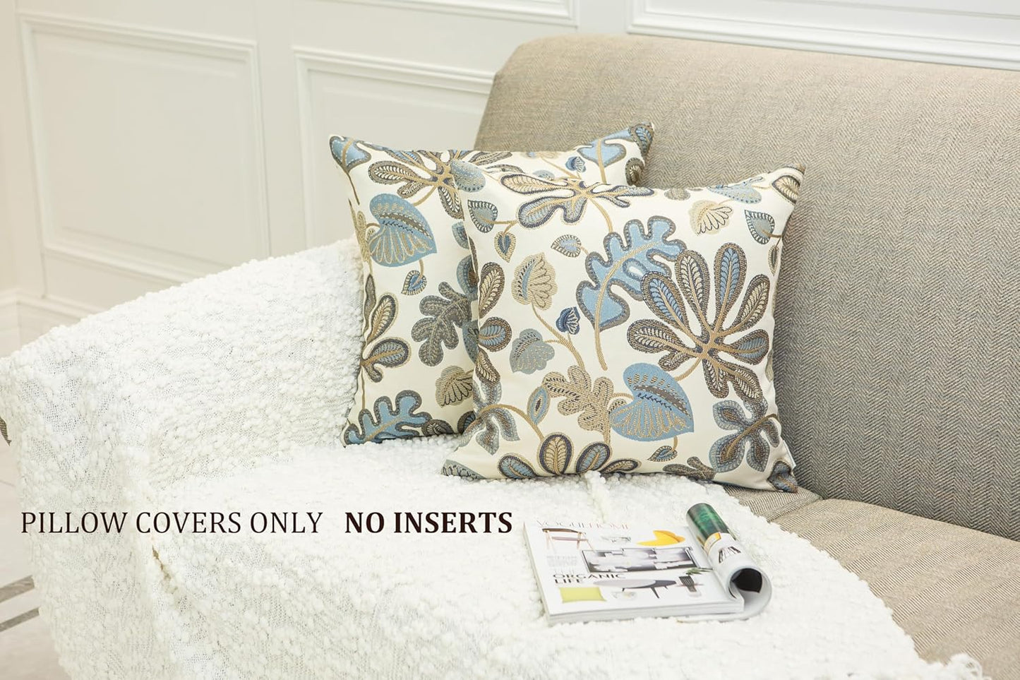 Set of 2 Jacquard Tropical Leaf Pattern Throw Pillow Covers Decorative Pillowcase 22X22 Inches,Blue Cream