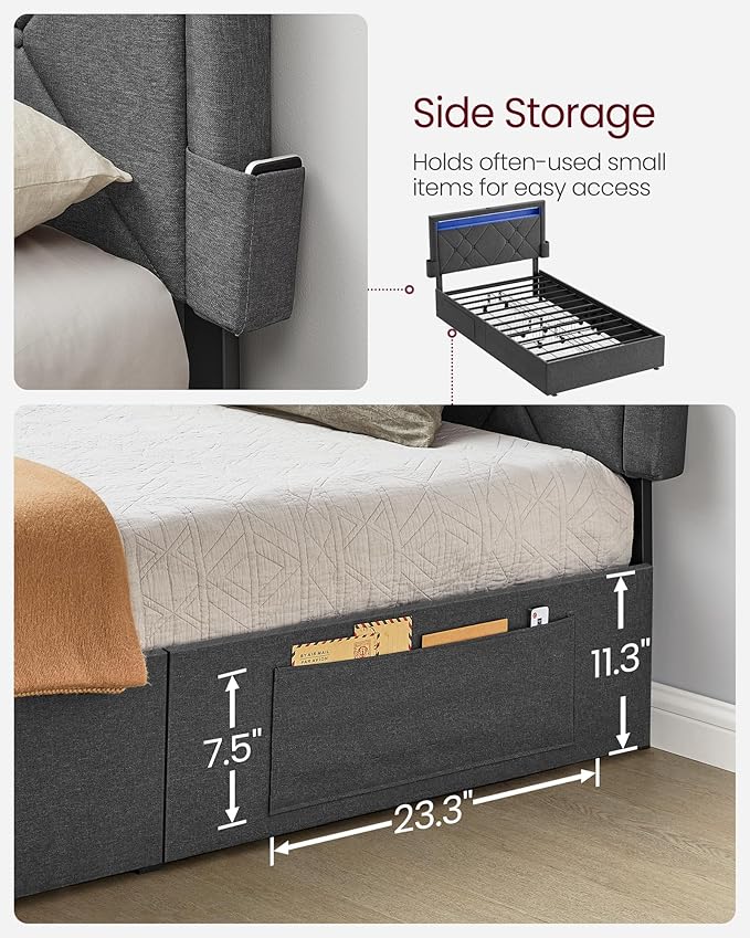 VASAGLE LED Bed Frame Twin Size, Twin Bed with Headboard and 4 Drawers, 1 USB Port and 1 Type C Port, Adjustable Upholstered Headboard 37.1/39.6 Inches, No Box Spring Needed, Dark Gray URMB823G71
