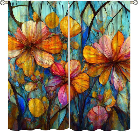 Stained Glass Curtains,Magic Forest Colorful Flowers Abstract Art Home Decor Drapes for Bedroom Living Room Kitchen Window Treatment 2 Panels Set Total Size 72" W X 63" L Inch