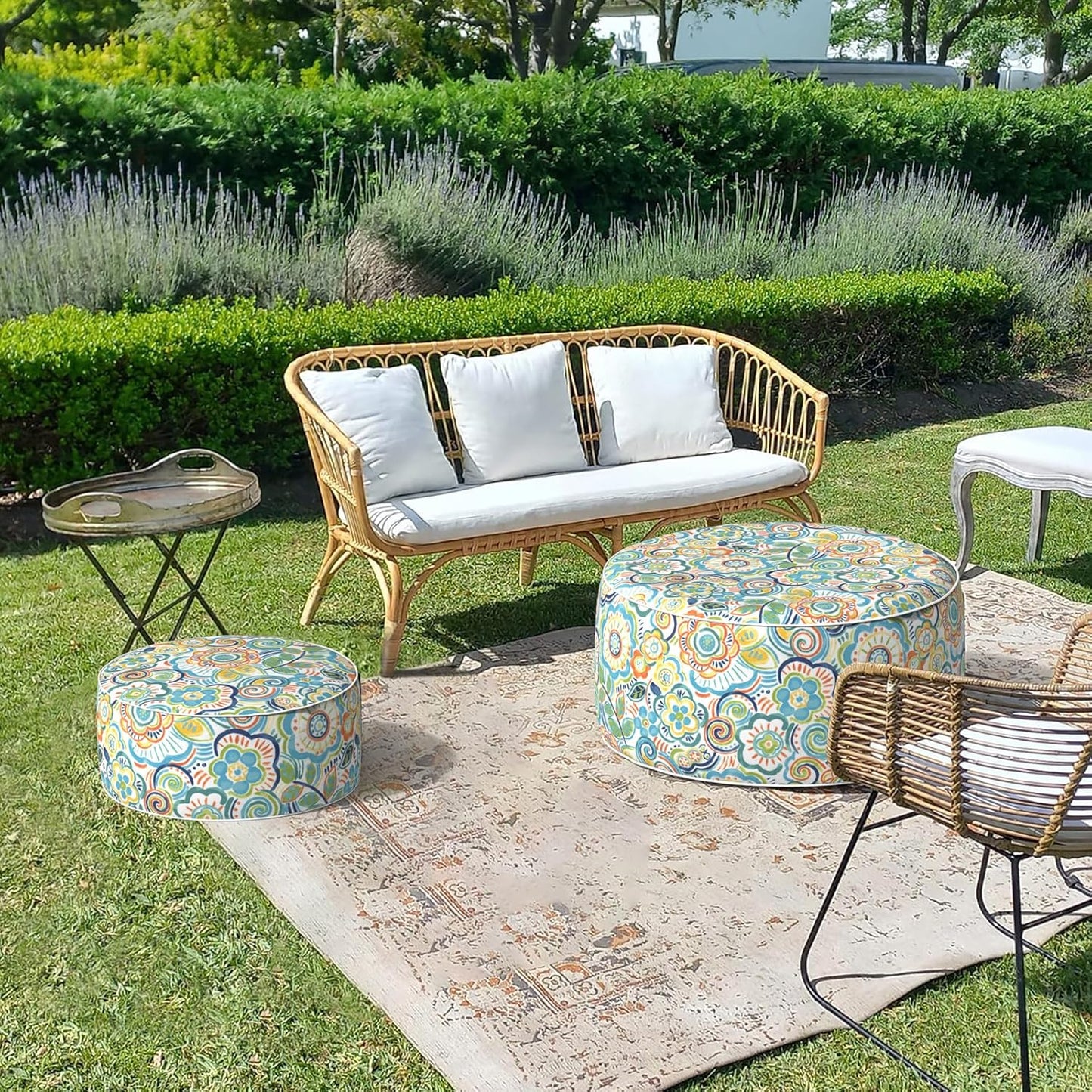 LVTXIII Outdoor/Indoor Inflatable Stool Ottoman, All Weather Patio Footrest Pouf, Portable Round Ottoman for Patio Garden, Camping or Home, D21xH9 Inches, Flower Blue