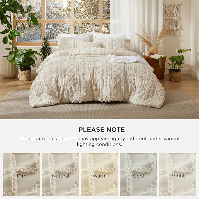 Bedsure Tufted Boho Comforter Set Queen Size - Beige Boho Bed Set, GentleSoft™ 3 Pieces Farmhouse Shabby Chic Embroidery Bedding, Gifts for Woman, Soft Jacquard Queen Comforter for All Seasons