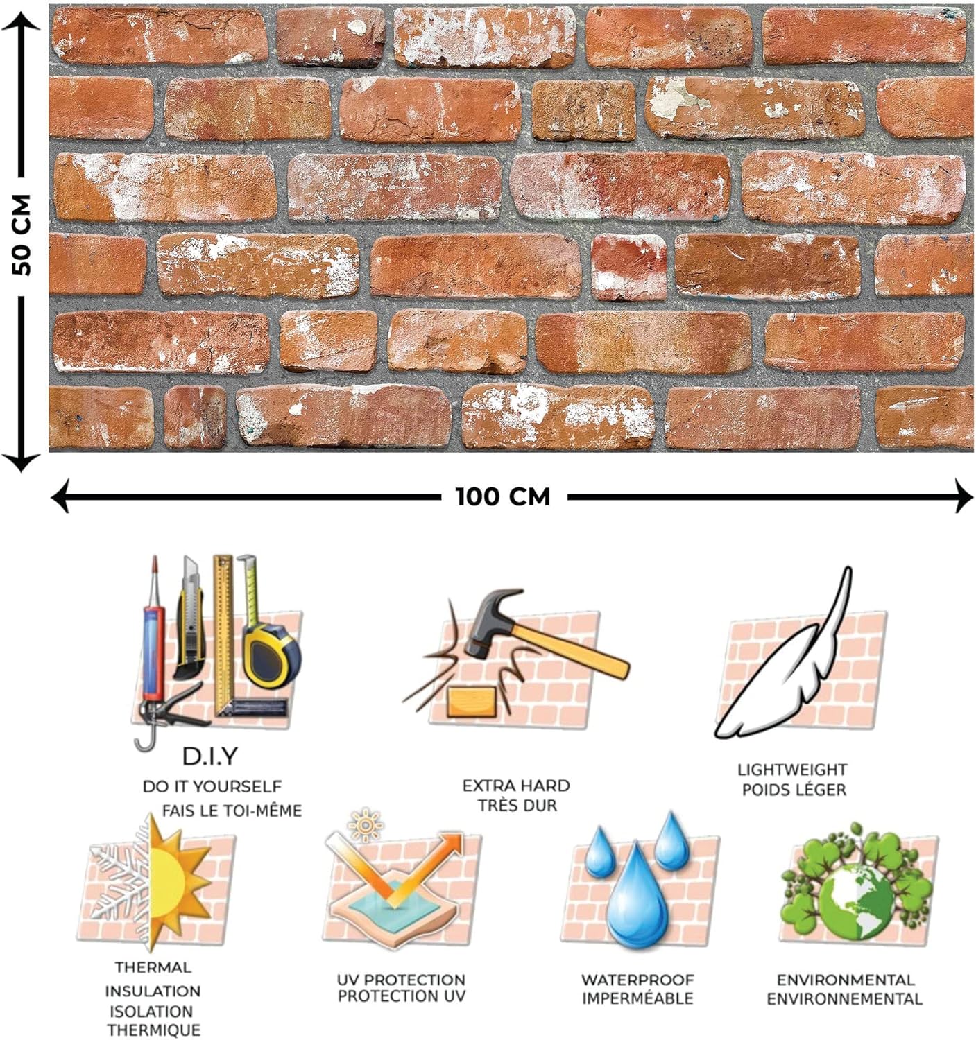Dundee Deco 3D Wall Panels Faux Brick - Cladding, Red Orange Stone Look Wall Paneling, Styrofoam Facing for Living Room, Kitchen, Bathroom, Balcony, Bedroom, Set of 10, Covers 54 sq ft