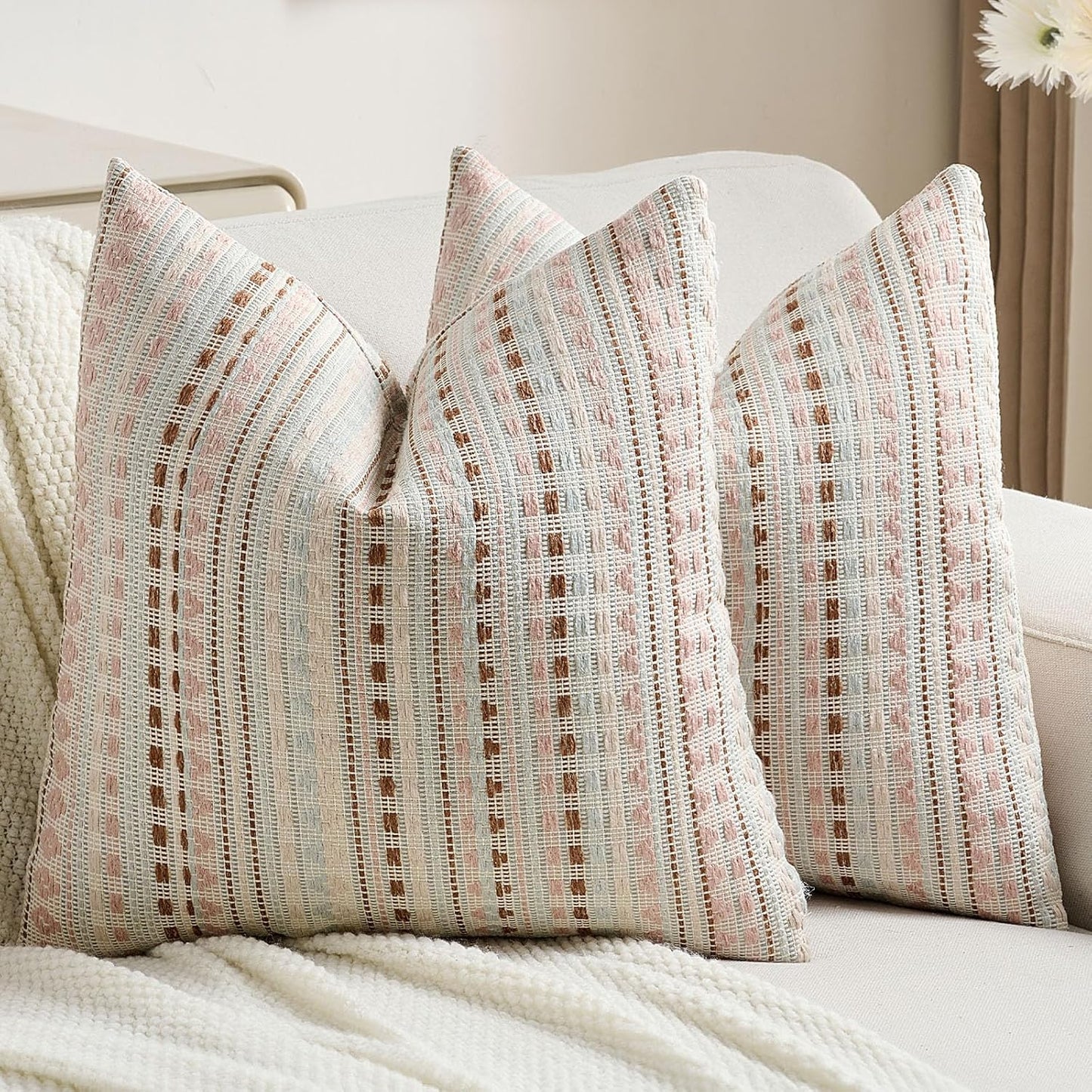 FUTEI Pink Blue Decorative Throw Pillow Covers 20x20 Inch Set of 2,Soft Cozy Chenille Jacquard Textured Cushion Case,Boho Home Decor for Couch Bed Living Room