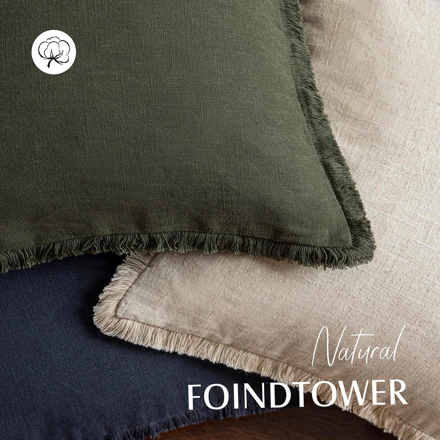Foindtower Set of 2 Decorative Linen Fringe Throw Pillow Covers Cozy Farmhouse Cushion Cover with Tassels Accent Pillowcase for Couch Chair Sofa Bed Living Room Home Decor,20×20 Inch,Dark Olive Green