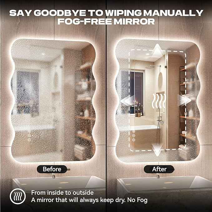 Hasipu Wavy Full Length Mirror with Lights - 40"×32" LED Wavy Floor Mirror, Frameless, Dimmable, Standing or Vertical/Horizontal Wall-Mounted Mirror for Bedroom, Living Room, Cloakroom