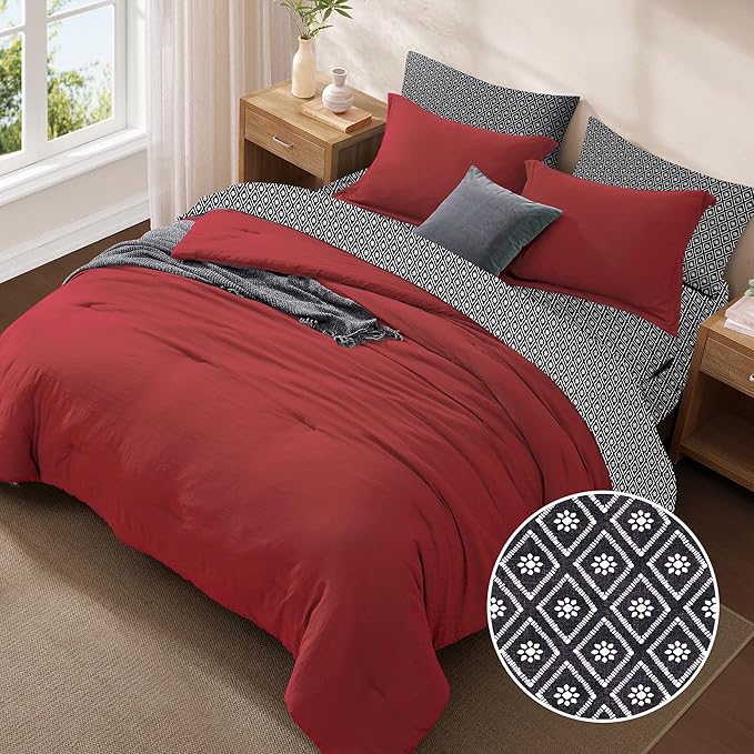 Monbix King Size Comforter Set - 7 Pieces Bright Red Prewashed Bed in a Bag King Bedding Sets with Comforters, All Seasons Ultra Soft Comforter Bed Set with Sheets, Pillowcases & Shams