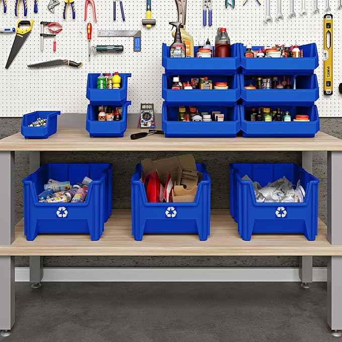 Plastic Containers for Organizing and Storage Bins for Closet, Kitchen, Office, Garage or Pantry Organization, Stackable Bins, Extra Large (14.8" x 16.5" x 7"), 4-Pack, Blue