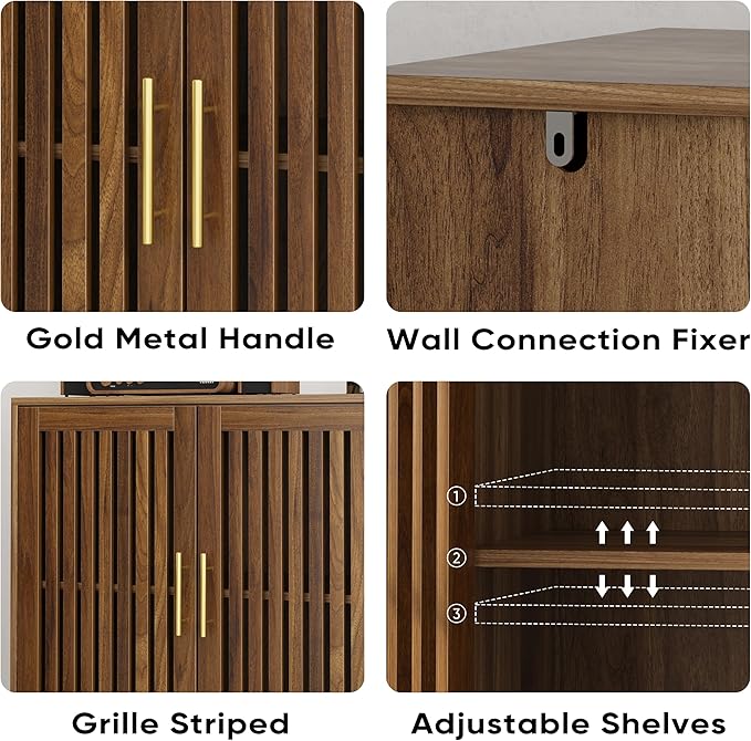 Ball & Cast 32″ Modern Farmhouse Sideboard Cabinet with Louvered Doors, Coffee Bar & Storage Cabinet, Buffet Credenza w/Adjustable Shelves for Kitchen, Dining Room, Living Room & Entryway,Walnut