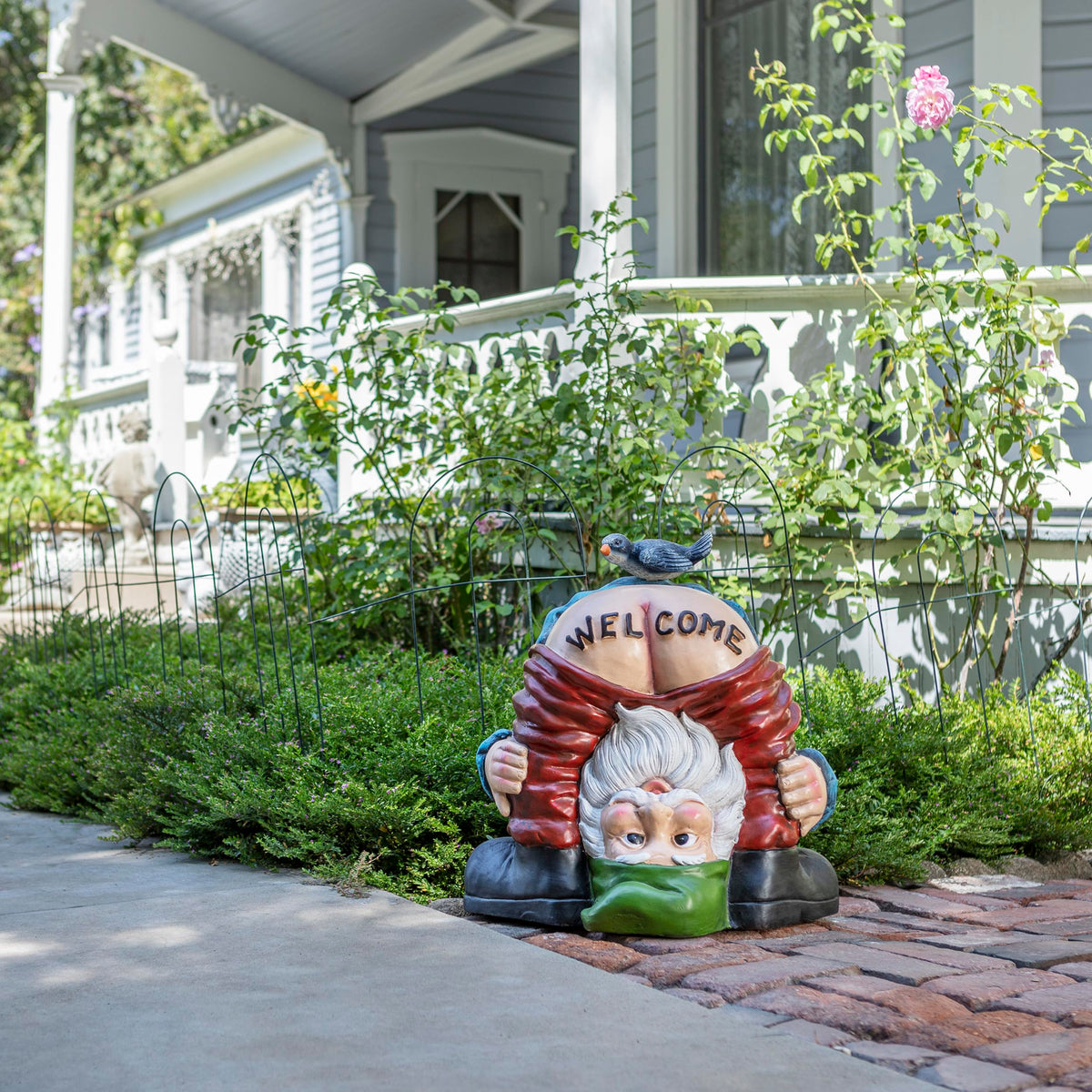22" Tall Outdoor Mooning "Welcome" Gnome Statue with Bird Figurine
