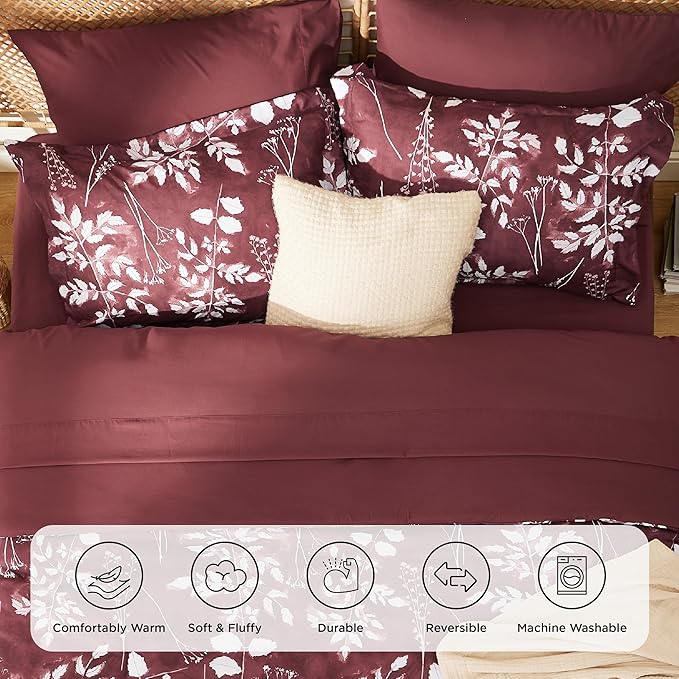 Bedsure King Size Comforter Set - 7 Pieces Floral Burgundy Soft Bedding Sets, King Bed in a Bag with Botanical Flowers Comforter, Sheets, Pillowcases & Shams