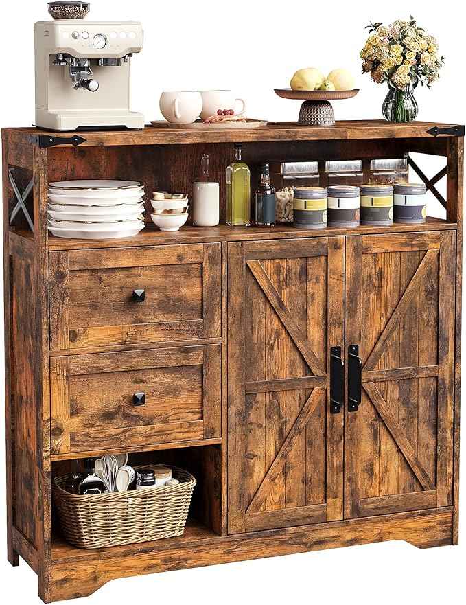 Vabches Farmhouse Buffet Sideboard Cabinet with Drawers and Open Shelf, 38.5" Storage Cabinet with Adjustable Shelves and Door, Modern Coffee Bar Hutch Pantry for Kitchen, Living Room, Entryway, Brown