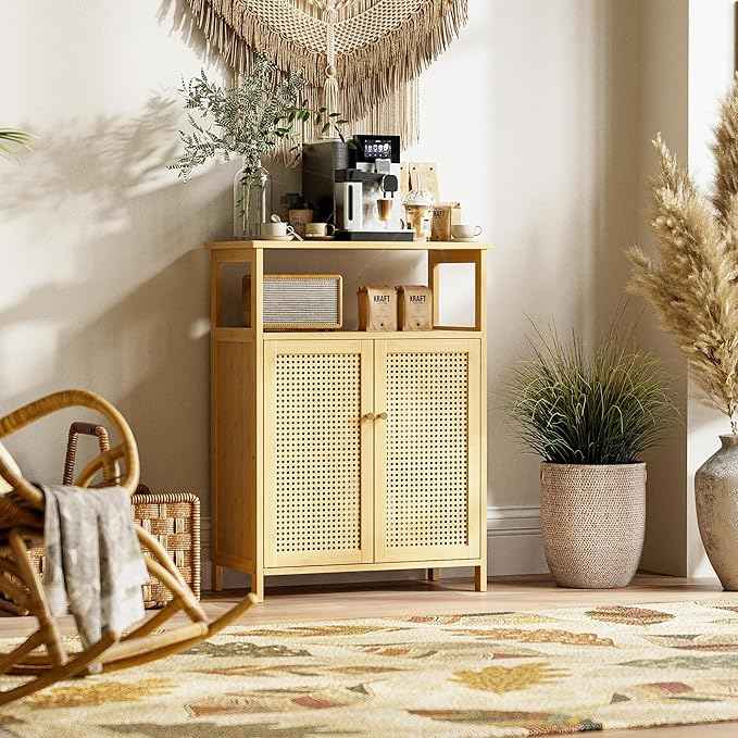 HITNET Rattan Bathroom Storage Cabinet, Bamboo Floor Cupboard with 2 Doors, Freestanding Side Organizer for Living Room, Kitchen, Entryway, Natural