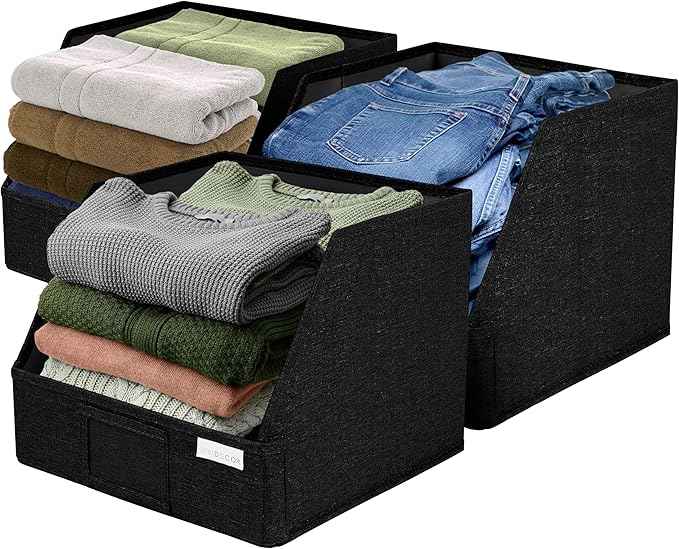 Trapezoid Closet Bins for Shelves – 12x12x10 Fabric Storage Baskets, Collapsible Organizer Boxes for Bedroom, Jeans, Sweaters– Black, 3 Pack