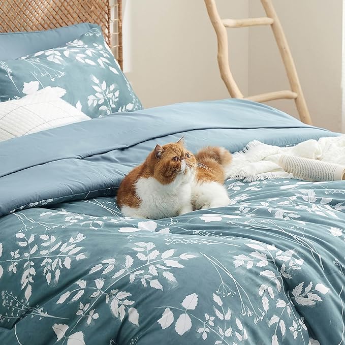 Bedsure Twin Comforter Set - 5 Pieces Floral Mineral Blue Soft Bedding Sets, Twin Bed in a Bag with Botanical Flowers Comforter, Sheets, Pillowcase & Sham