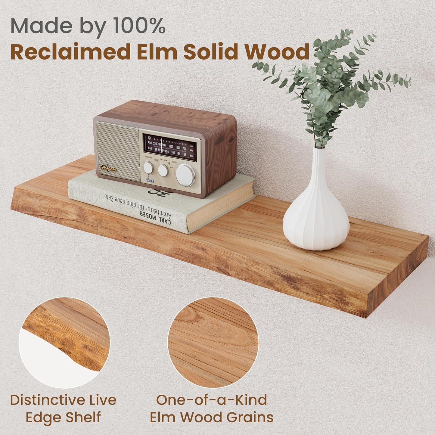 Floating Shelves for Wall Decor, Rustic Solid Elm Wood Floating Shelves Wall Mounted, Wall Shelves with Invisible Bracket for Living Room Bathroom Bedroom Kitchen, 24 Inch Set of 2, Natural