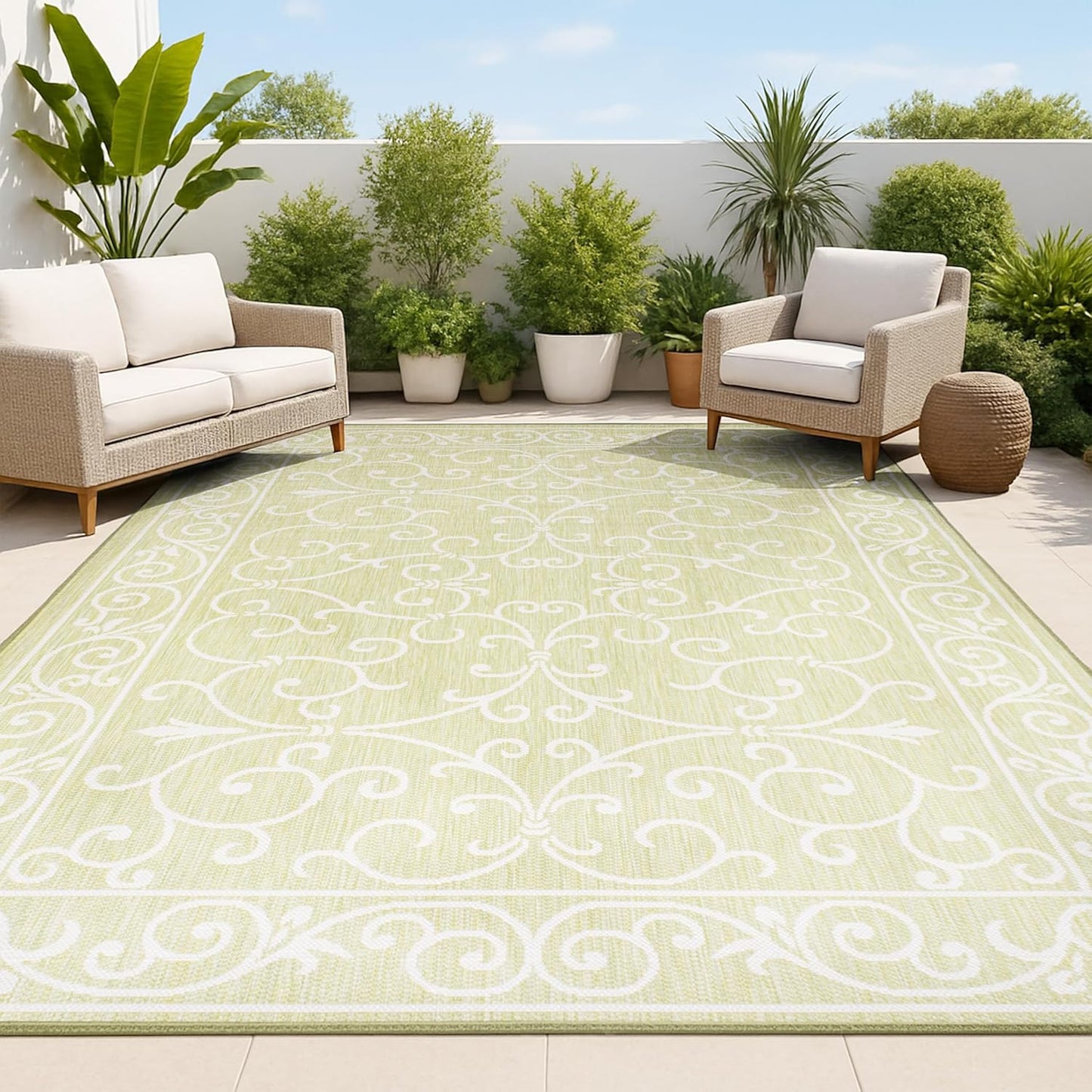 JONATHAN Y Vintage Filigree Indoor Outdoor Area Rug 5X8 Green/Cream, Charleston Textured Weave for Backyard, Patio, Porch, Easy-Cleaning, High Traffic, Pet-Friendly, Non-Shedding (SMB106H-5)