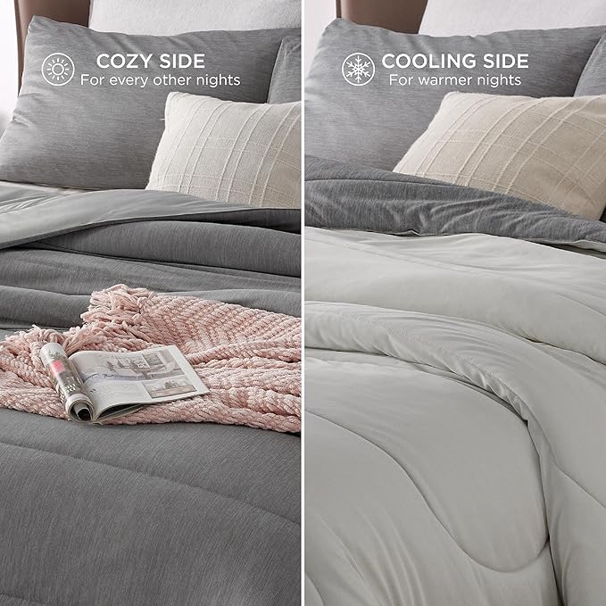 Bedsure King Comforter Set - Cooling and Warm Bed Set, Light Grey Reversible Bedding for All Season, 3 Pieces, 1 King Size Comforter (102"x90") and 2 Pillow Cases (20"x36")