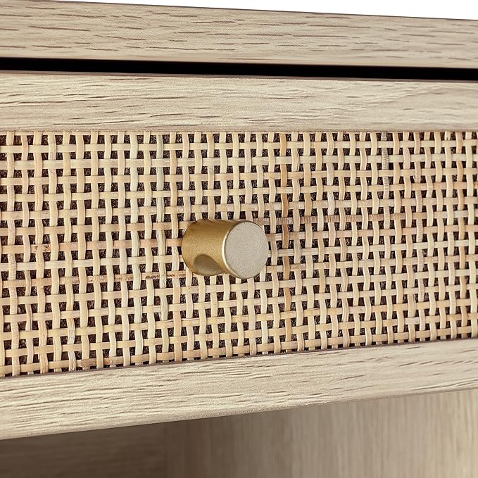 Nathan James Jackson Wall Mounted Rattan Floating Bedroom Nightstand with Storage Drawer and Modern Open Shelf Cubby, Light Oak/Rattan