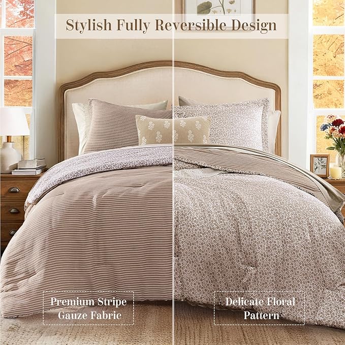 Full Comforter Set - 7 Pieces Dark Brown Gauze Muslin Bedding Sets for All Seasons, Lightweight Breathable Bed in a Bag Full with Revesible Farmhouse Comforter, Sheets, Pillowcases & Shams
