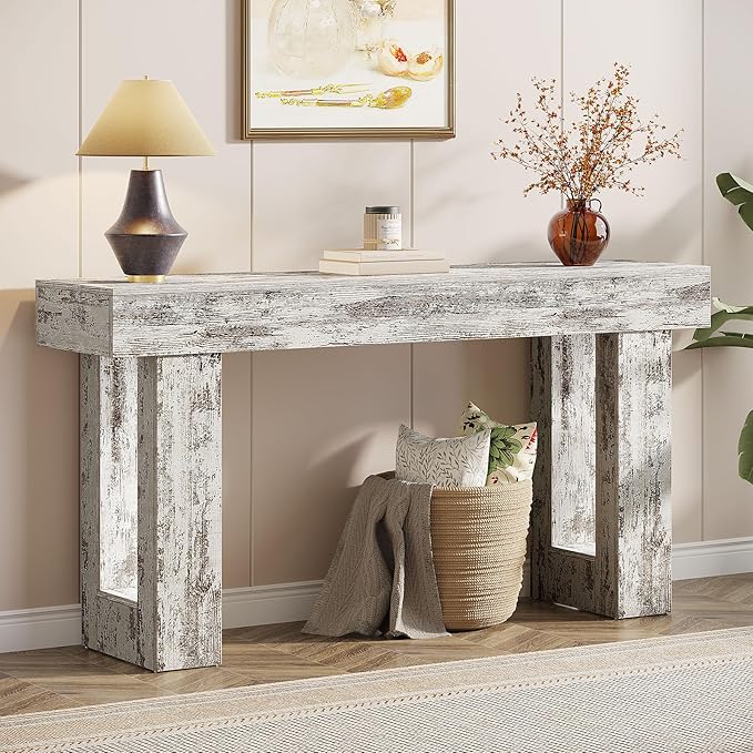 Tribesigns 63-Inch Long Console Table, Wooden Rectangular Sofa Table Behind The Couch, Farmhouse Entryway Table for Entrance, Hallway, Living Room (Distressed White)