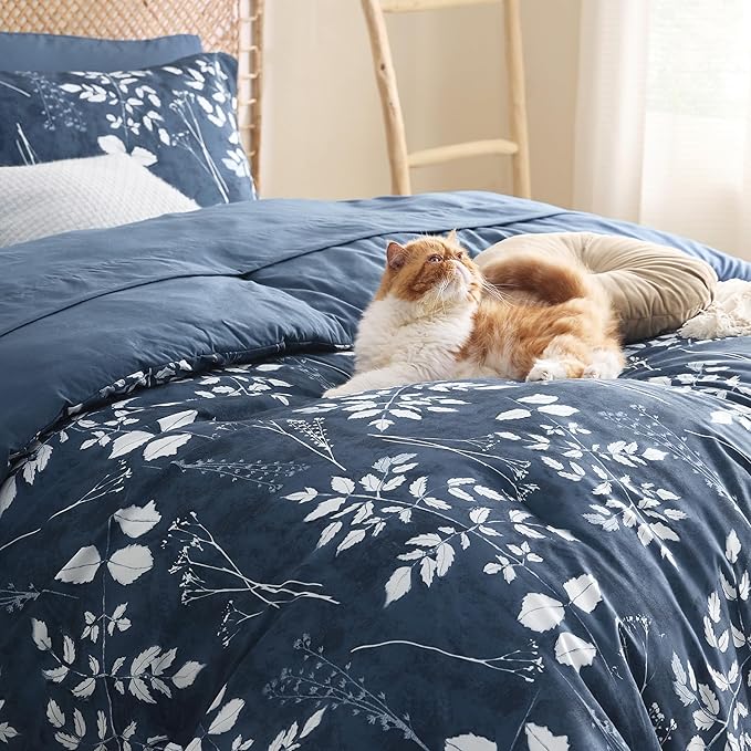Bedsure King Size Comforter Set - 7 Pieces Floral Navy Soft Bedding Sets, King Bed in a Bag with Botanical Flowers Comforter, Sheets, Pillowcases & Shams