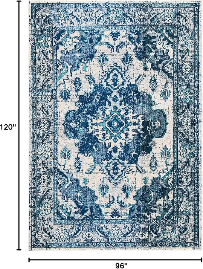 SAFAVIEH Monaco Collection Area Rug - 8' x 10', Ivory & Blue, Non-Shedding & Easy to Clean, Distressed Medallion Design, Ideal for Living Room, Bedroom, Dining Space (MNC243A)