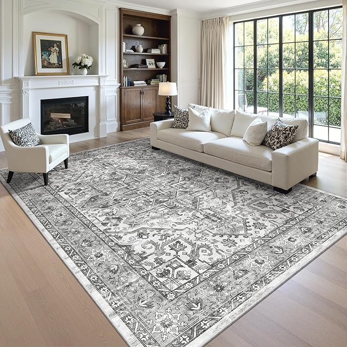 zesthome 9x12 Area Rugs,Stain Resistant Washable Rug,Ultra-Thin Rugs for Living Room,Bedroom,Non-Slip Backing Home Decor Large Area Rug (Grey/White,9'x12')