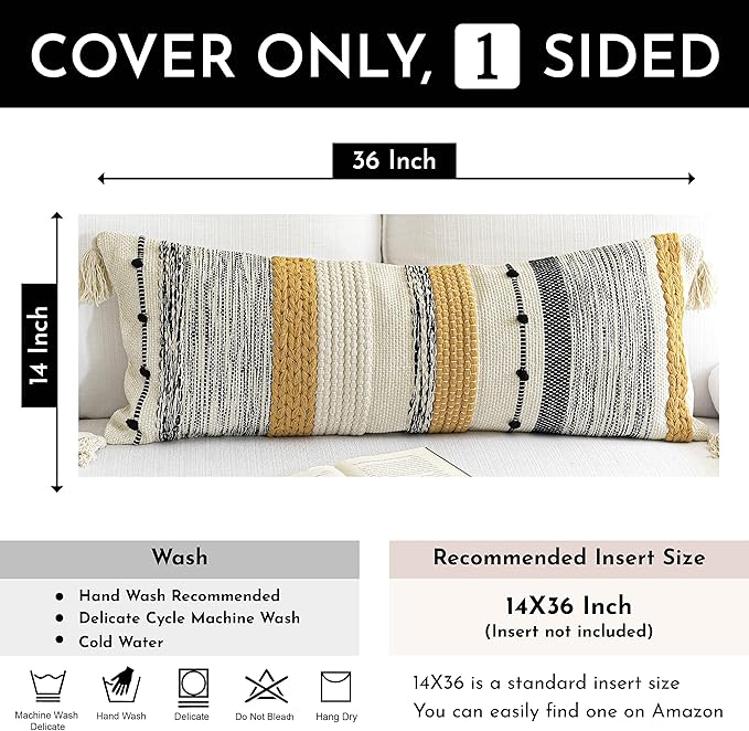 BlissBlush Decorative Lumbar Throw Pillow Cover 14x36 Boho Long Cushion for Bed Yellow Mustard Accent Farmhouse Pillowcase for Bedroom Living Room Couch Sofa Home Décor Cover ONLY