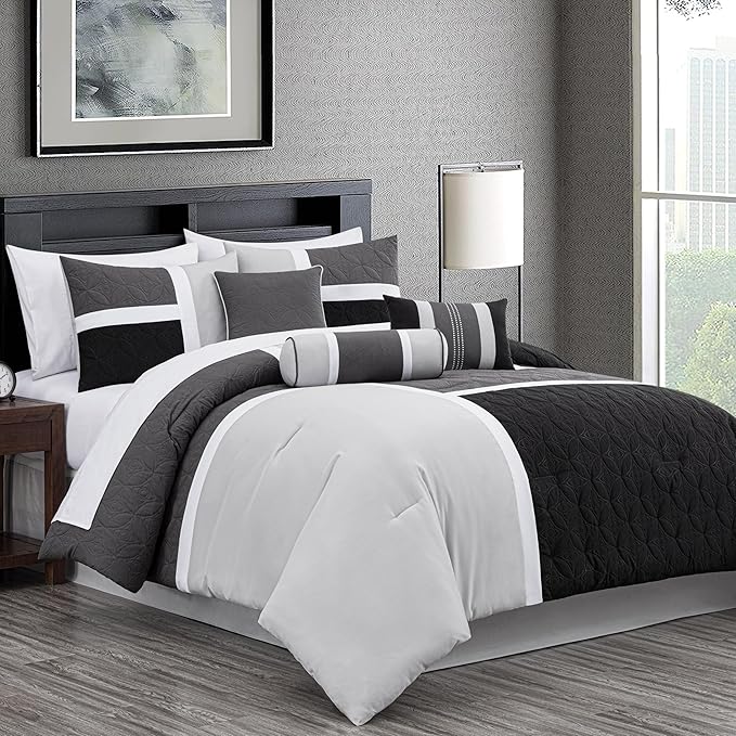 Chezmoi Collection Upland 7-Piece Quilted Patchwork Comforter Set, Black/Gray/Light Gray, Queen