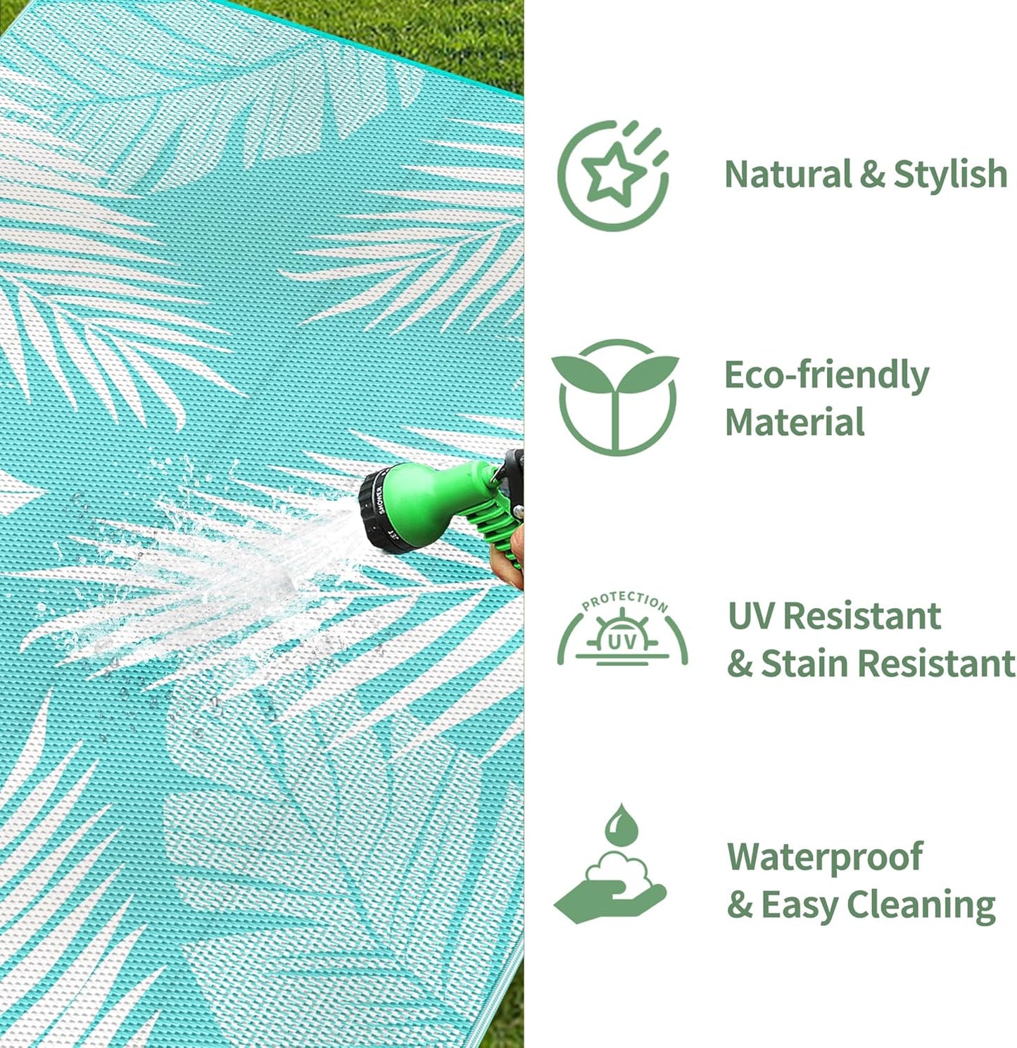 GENIMO Outdoor Rug 8' x 10' Waterproof for Patios Clearance, Reversible Outdoor Plastic Straw Camping Rug Carpet, Large Area Rugs Mats for RV, Camper, Deck, Balcony, Porch, Beach, Aqua Blue&White