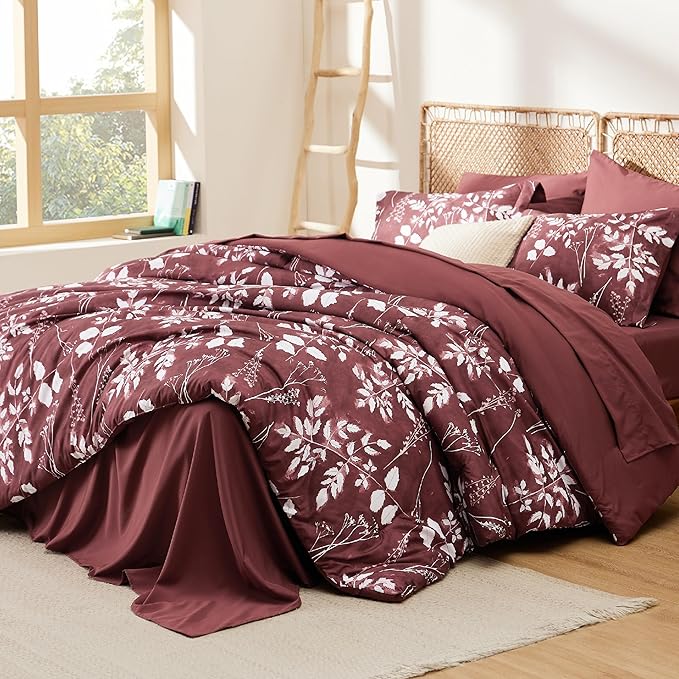 Bedsure Full Size Comforter Set - 7 Pieces Floral Burgundy Soft Bedding Sets, Full Bed in a Bag with Botanical Flowers Comforter, Sheets, Pillowcases & Shams