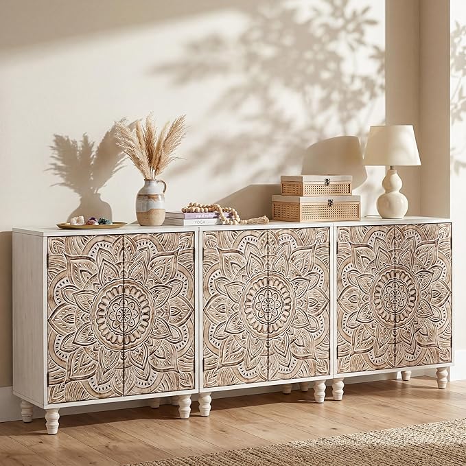 COSIEST Set of 3 32" Accent Storage Cabinets, Vintage Lotus Pattern Sideboards with Push-to-Open Doors, Carved Wood Buffet Table for Entryway, Kitchen, Living Room, Gray