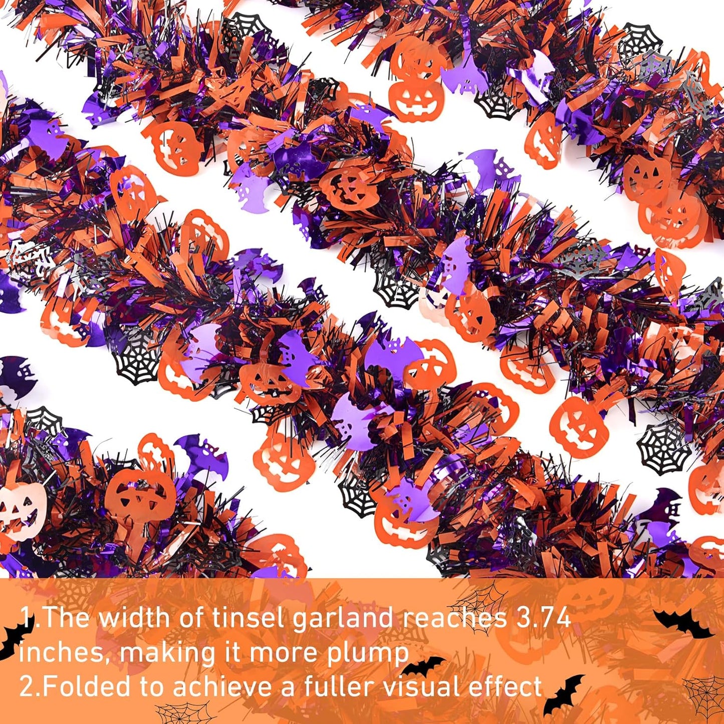 Halloween Tinsel Garland Decorations, 36.75 Ft Shiny Metallic Halloween Hanging Decorations with Pumpkin Bat Spider Web, Purple and Orange Tinsel Garland for Outdoor Indoor Home Tree Party Decor