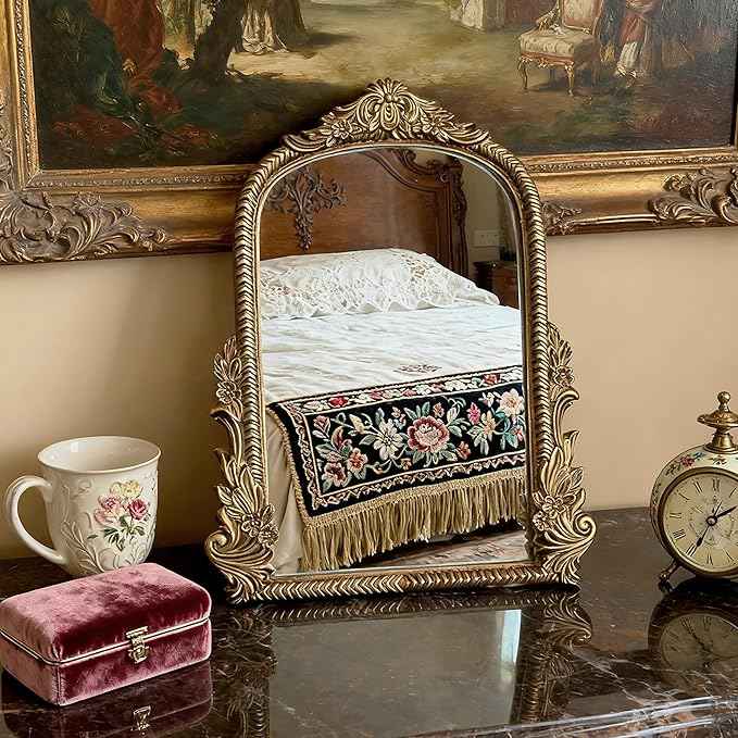 Baroque Champagne Gold Vintage Vanity Mirror 13x10 Inch, Wall-Mounted & Tabletop Dual-Use, Ornate Gold Accent Retro Decorative Mirror for Bedroom Dresser, Bathroom, Living Room and Dorm