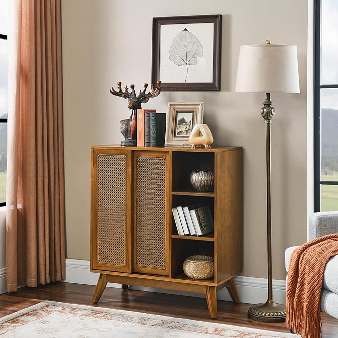 Ball & Cast 32" Mid Century Modern Rattan Sideboard Cabinet with 2 Sliding Doors, Buffet Cabinet w/Adjustable Shelf & Solid Wood Legs for Entryway, Living Room, Kitchen,Dining Room, Light Walnut