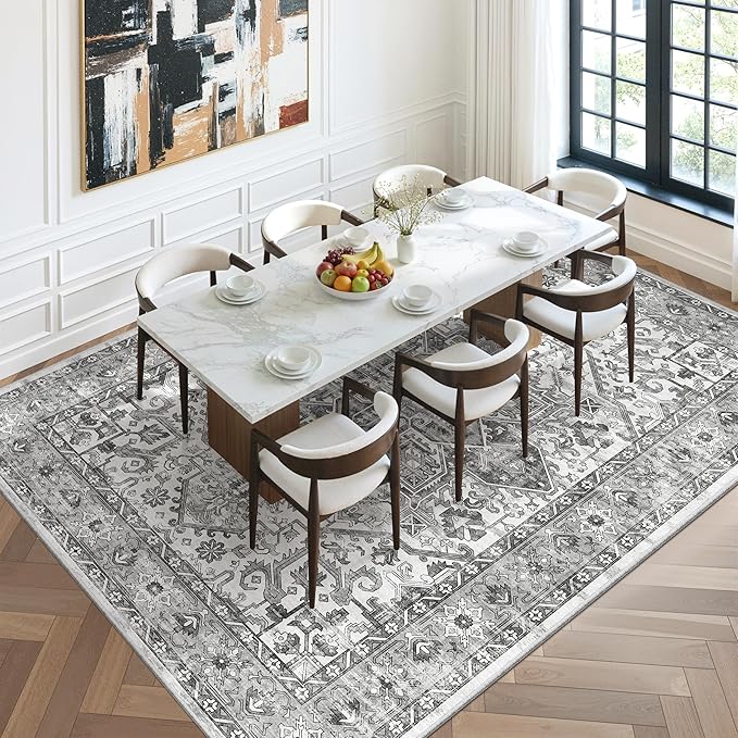 zesthome 9x12 Area Rugs,Stain Resistant Washable Rug,Ultra-Thin Rugs for Living Room,Bedroom,Non-Slip Backing Home Decor Large Area Rug (Grey/White,9'x12')