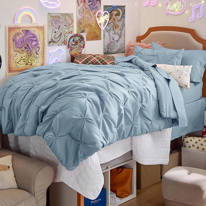 Bedsure Twin XL Comforter Set - Extra Long 5 Pieces Dorm Bedding Sets, GentleSoft™ Pinch Pleat Light Blue Bed in a Bag with Pintuck Comforter, Sheets, Pillowcase & Sham