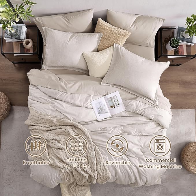 Monbix California King Comforter Set - 7 Pieces Cationic Dyeing Oatmeal Bed in a Bag Cal King Bed Sets with Comforter, Sheets, Pillowcases & Shams, Reversible Bedding Comforters Sets