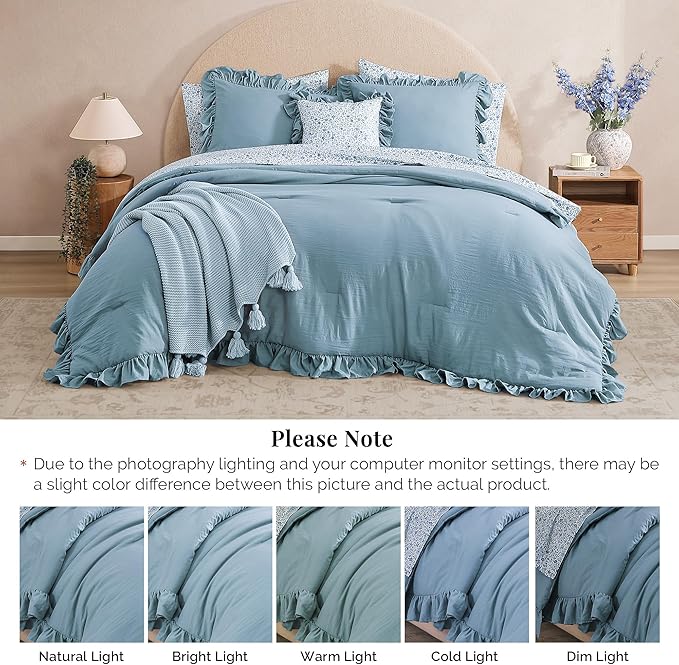 California King Comforter Set - 7 Pieces Ruffle Blue Bedding Sets, Shabby Chic Farmhouse Bed in a Bag with Ruffle Comforter, Floral Sheets, Pillowcases & Shams