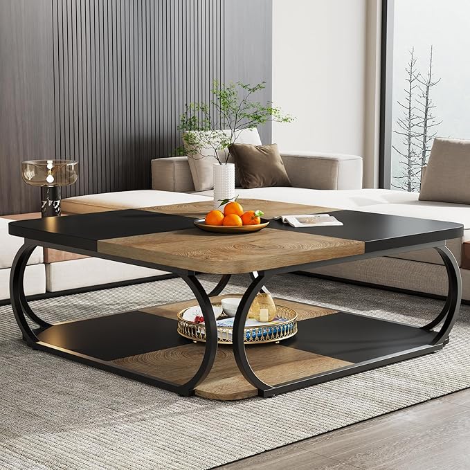 Tribesigns Square Coffee Table with Open Storage Shelf for Living Room, 39 Inch Large Wood Center Table 2 Tier Low Coffee Tables Farmhouse Tea Table with Metal Frame for Home Office, Black Light Brown
