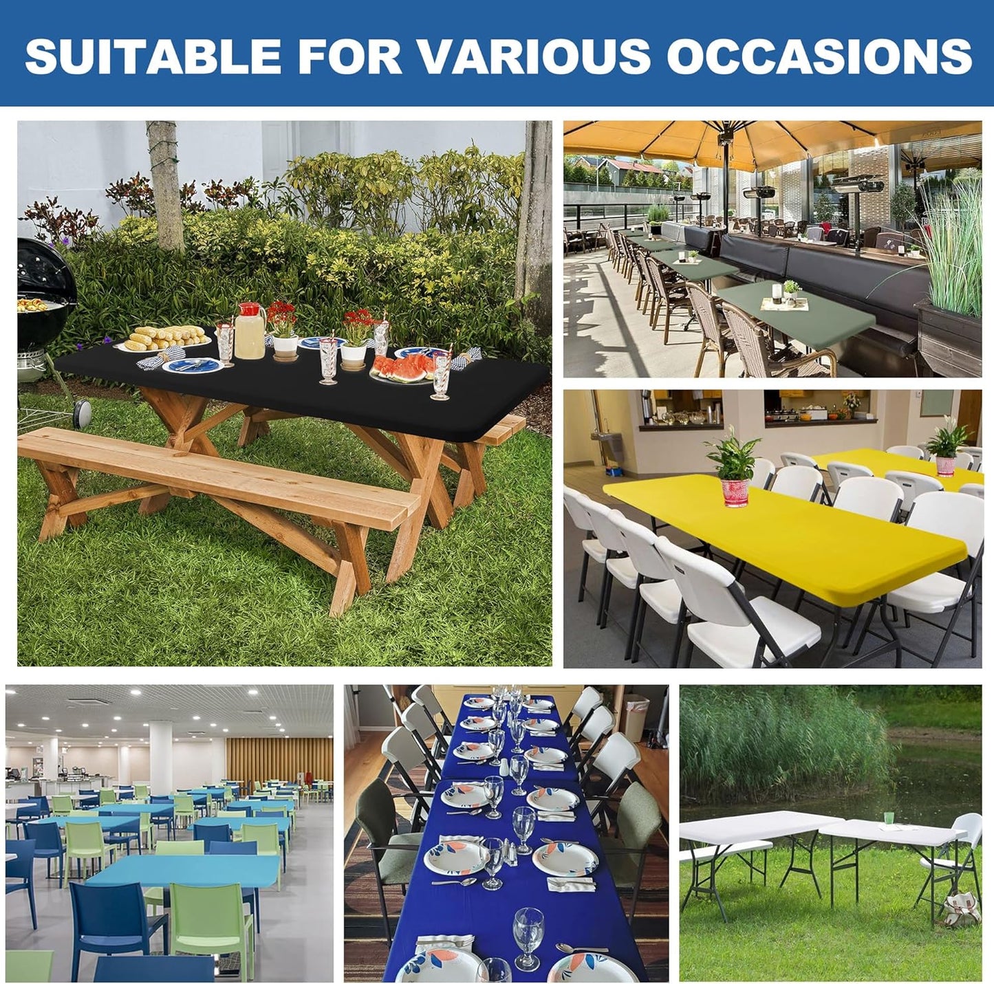 Fitted Tablecloth for 8 Foot Rectangle Table-4 Pack Light Blue Elastic Outdoor Picnic Table Cover-Spandex Stretch Folding Tablecloths 8ft for Camping Dining Room Patio Kitchen Banquet Party
