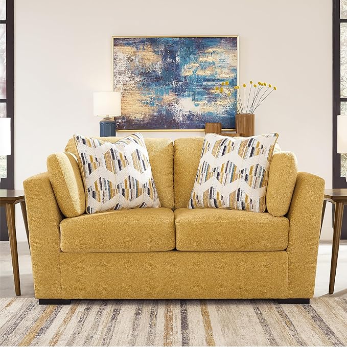 Signature Design by Ashley Keerwick Scandinavian Loveseat with 4 Toss Pillows, Yellow