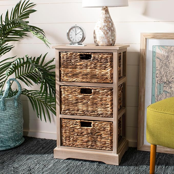 SAFAVIEH Home Collection – Halle White Washed Storage Side Table with Wicker Baskets, Farmhouse Accent Storage, Fully Assembled (AMH5738E)