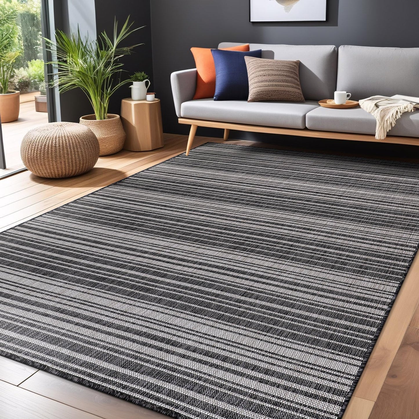 Stripe Outdoor Rug 5x7 Washable Outside Carpet for Indoor Patio Porch Waterproof Easy Cleaning Non Shedding Area Rugs Dark Gray 5 x 7