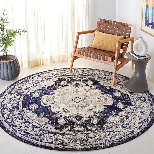 SAFAVIEH Monaco Collection Area Rug - 9' x 12', Ivory & Navy, Non-Shedding & Easy to Clean, Distressed Medallion Design, Ideal for Living Room, Bedroom, Dining Space (MNC243C)