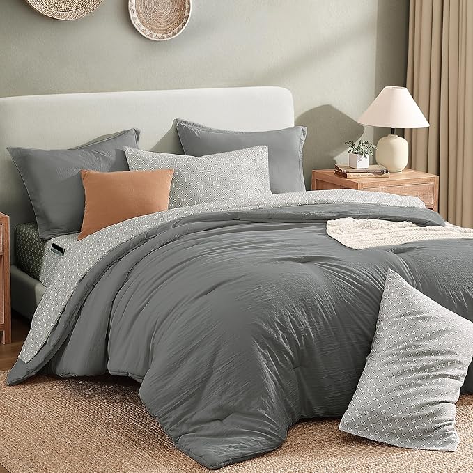 Monbix Full Size Comforter Set - 7 Pieces Granite Grey Prewashed Bed in a Bag Full Bedding Sets with Comforters, All Seasons Ultra Soft Comforter Bed Set with Sheets,Pillowcases & Shams