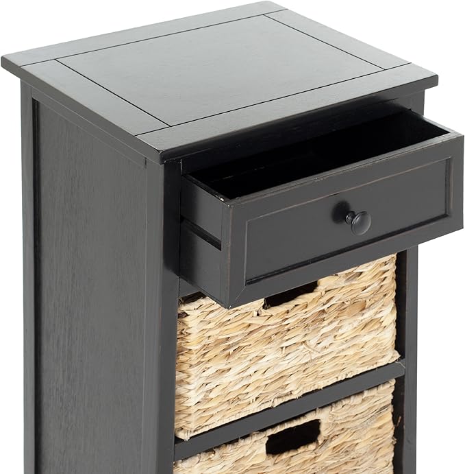 SAFAVIEH Home Collection Carrie Distressed Black/ Natural Wicker 3-Drawer Storage Nightstand Side Table (Fully Assembled)