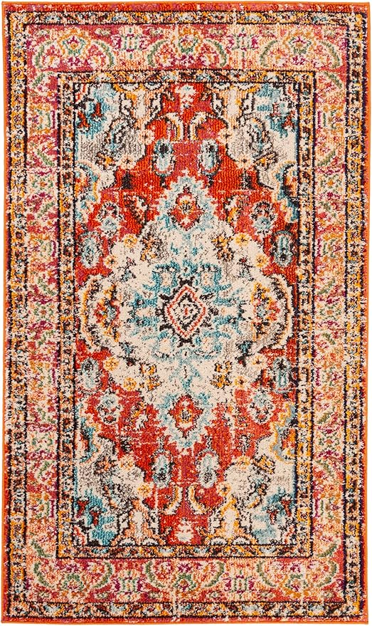 SAFAVIEH Monaco Collection Area Rug - 3' x 5', Orange & Light Blue, Non-Shedding & Easy to Clean, Distressed Medallion Design, Ideal for Living Room, Bedroom, Dining Space (MNC243H)
