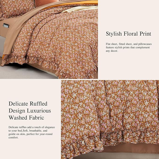 King Comforter Set - 7 Pieces Ruffle Brown Bedding Sets, Shabby Chic Farmhouse Bed in a Bag with Ruffle Comforter, Sheets, Pillowcases & Shams